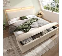 Flieks Lit de jeune 160x200cm avec pouf hydraulique, Set de chambre à coucher complet, Lit double en bois avec Led, Coffre de siège avec espace de rangement, Beige