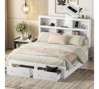 Flieks Lit de jeune 160x200cm Lit double avec USB, Lit en bois massif avec 2 tiroirs et tête de lit de rangement, Lit d'enfant fonctionnel avec sommier à lattes, Blanc