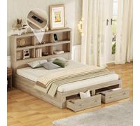 Flieks Lit de jeune 160x200cm Lit double avec USB, Lit en bois massif avec 2 tiroirs et tête de lit de rangement, Lit d'enfant fonctionnel avec sommier à lattes, Naturel