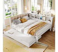 Flieks Lit de jour Canapé-lit 140x200cm avec lit gigogne, Daybed Lit double en bois avec USB et LED, Lit pour jeunes avec étagère, Lit d'invité Canapé-lit blanc