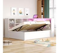 Flieks Lit de jour hydraulique Canapé-lit avec espace de rangement, Lit d'adolescent Lit simple avec Led et fonction de chargement, Lit de rangement Lit en bois avec étagère, Blanc