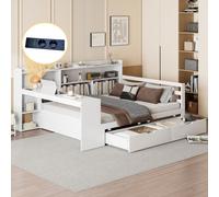 Flieks Lit de jour Lit en bois Canapé-lit 140x200cm avec fonction de chargement et 2 tiroirs, Daybed Lit double avec bureau et étagère, Lit pour adolescent Blanc