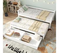 Flieks Lit de jour Lit en bois massif avec 2 tiroirs en MDF et sommier à lattes Lit simple Lit d'enfant coulissant avec roulettes Pin 200x90cm/190x90cm