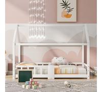 Flieks Lit de maison Lit d'enfant 90*200cm, Lit en bois de pin avec protection contre la chute et tableau, Lit au sol simple avec sommier à lattes, Blanc