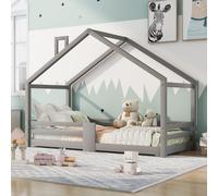 Flieks Lit de maison Lit d'enfant 90*200cm, Lit en pin avec protection contre les chutes et cheminée, Lit au sol simple avec sommier à lattes, Gris