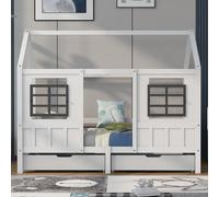 Flieks lit de maison lit simple lit d'enfant avec sommier à lattes et 2 tiroirs pin blanc 200x90cm sans matelas