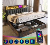 Flieks Lit de rangement 140x200cm avec USB et prises de courant, lit métallique pour adolescents lit double avec sommier à lattes et espace de rangement, lit rembourré avec LED, lin, gris