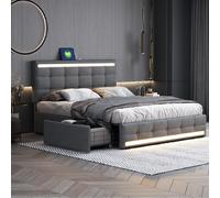 Flieks Lit de rangement Lit capitonné 140x200cm avec 4 tiroirs, lit pour jeunes avec USB et LED, lit double avec sommier à lattes, lit en bois lin, gris