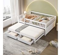 Flieks Lit d'enfant 140x200cm avec lit gigogne 90x190cm, Lit en bois Lit classique avec 2 tiroirs, Lit double Lit d'adolescent avec antichute, Blanc