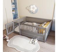 Flieks Lit d'enfant 140x200cm sans sommier, Lit de jeu au sol avec protection contre les chutes, Lit double en bois avec porte et clôture, Gris