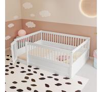 Flieks Lit d'enfant 140x200cm sans sommier, lit de jeu au sol avec protection contre les chutes, lit double en bois avec porte et clôture, blanc