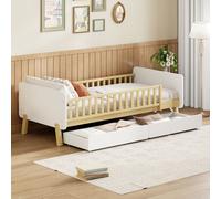 Flieks Lit d'enfant 90x190cm avec 2 tiroirs, Lit d'enfant avec protection contre les chutes et sommier à lattes, Lit en bois simple Lit classique, Blanc