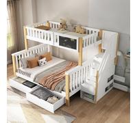 Flieks Lit d'enfant 90x200cm/140x200cm, Lit superposé avec protection contre les chutes, Lit surélevé avec escalier et tiroirs, Lit en bois massif avec sommier à lattes et tablette