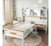 Flieks Lit d'enfant 90x200cm avec bibliothèque et bureau, lit d'adolescent en bois avec espace de rangement et sommier à lattes, lit simple blanc