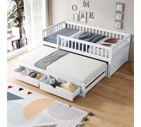 Flieks Lit d'enfant 90x200cm avec lit gigogne 90x190cm, Lit en bois Lit classique avec 2 tiroirs, Lit simple Lit d'adolescent avec antichute, Blanc