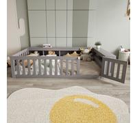 Flieks Lit d'enfant 90x200cm avec porte, lit de sol lit de jeu avec des compartiments de rangement ouverts, lit simple en bois avec sommier à lattes et protection contre les chutes, gris