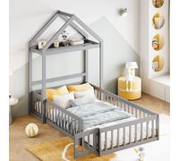 Flieks Lit d'enfant 90x200cm avec protection contre les chutes, lit au sol avec sommier à lattes, lit de maison avec rangement et tringle à vêtements, lit en bois massif simple, gris