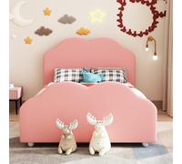 Flieks Lit d'enfant 90x200cm avec sommier à lattes, lit rembourré pour adolescents avec tête et pied en forme de nuage, lit simple en bois lit au sol, velours, rose