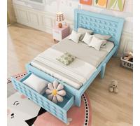 Flieks Lit d'enfant 90x200cm avec tiroir, Lit en bois simple avec sommier à lattes, Lit classique pour adolescents avec tête de lit, Bleu