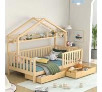 Flieks Lit d'enfant 90X200cm Lit de maison avec protection contre les chutes et 2 tiroirs, Lit en bois massif avec tablette et sommier à lattes, Naturel