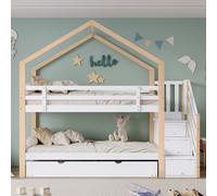 Flieks Lit d'enfant avec protection contre les chutes, lit superposé 90x200/90x190 avec sommier, lit surélevé avec escalier et sommier à lattes, lit de maison en bois, naturel