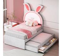 Flieks Lit d'enfant avec sommier, lit rembourré avec sommier à lattes et tiroirs, lit d'adolescent simple avec LED, lit de jour lit d'invité 90x200cm/90x190cm, velours, beige