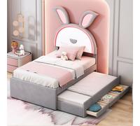 Flieks Lit d'enfant avec sommier, lit rembourré avec sommier à lattes et tiroirs, lit d'adolescent simple avec LED, lit de jour lit d'invité 90x200cm/90x190cm, velours, gris