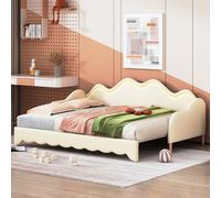 Flieks Lit d'enfant Canapé-lit 90x190cm/180x190cm, Lit rembourré avec lit gigogne, Lit canapé simple Lit double Lit d'invité, PU, Beige