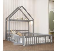 Flieks Lit d'enfant Lit de maison 140x200cm avec barre de penderie, lit de sol lit de jeu avec porte, lit en bois lit double avec protection contre les chutes et sommier à lattes, Gris
