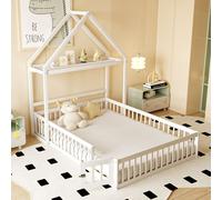 Flieks Lit d'enfant Lit de maison 140x200cm avec tringle à vêtements, lit de sol lit de jeu avec porte, lit en bois lit double avec protection contre les chutes et sommier à lattes, blanc