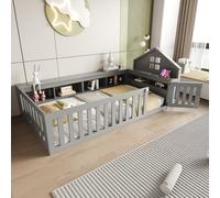 Flieks Lit d'enfant lit de maison 90x200cm avec porte et fenêtre, lit de sol lit de jeu avec espace de rangement, lit simple en bois avec sommier à lattes et protection contre les chutes, gris