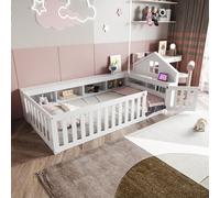 Flieks Lit d'enfant lit de maison 90x200cm avec porte et fenêtre, lit de sol lit de jeu avec espace de rangement, lit simple en bois avec sommier à lattes et protection contre les chutes, blanc