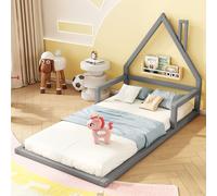 Flieks Lit d'enfant Lit de maison 90x200cm avec protection contre la chute, Lit de sol en bois avec sommier à lattes, Lit simple Lit classique Chambre d'enfant, Gris