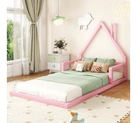 Flieks Lit d'enfant Lit de maison 90x200cm avec protection contre la chute, Lit de sol en bois avec sommier à lattes, Lit simple Lit classique Chambre d'enfant, Rose