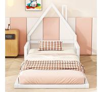 Flieks Lit d'enfant Lit de maison 90x200cm avec protection contre la chute, lit de sol en bois avec sommier à lattes, lit simple Lit classique chambre d'enfant, blanc