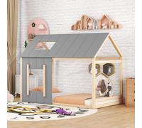 Flieks Lit d'enfant Lit de maison 90x200cm avec protection contre la chute, lit de sol en bois lit simple enfants, lit de jeu avec sommier à lattes, naturel