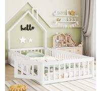 Flieks Lit d'enfant Lit de maison 90x200cm avec sommier à lattes, lit au sol avec protection contre la chute et porte, lit simple en bois pour chambre d'enfant, lit de jeu blanc