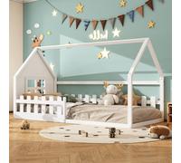 Flieks Lit d'enfant Lit de maison 90x200cm avec sommier à lattes, lit au sol simple avec protection contre les chutes, lit en bois lit de jeu chambre d'enfant, blanc