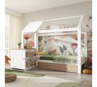 Flieks lit d'enfant lit de maison 90x200cm avec table de nuit et tiroir, set complet pour chambre d'enfant, lit en bois lit simple avec sommier à lattes, naturel