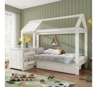 Flieks Lit d'enfant Lit de maison 90x200cm avec table de nuit et tiroir, Set complet pour chambre d'enfant, lit en bois lit simple avec sommier à lattes, blanc
