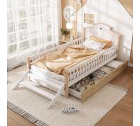 Flieks Lit d'enfant Lit de maison 90x200cm avec tiroir, Lit en bois simple Lit d'enfant avec protection contre les chutes et échelle, Lit surélevé Lit superposé, Naturel