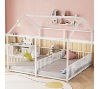 Flieks lit d'enfant lit de maison lit métallique 90x200cm avec sommier à lattes, lit au sol lit simple pour familles avec 2 enfants, lit de jeu avec protection antichute, blanc