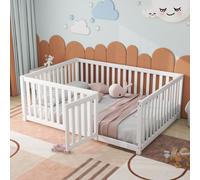 Flieks Lit d'enfant Lit de sol en bois avec protection contre les chutes et porte, Lit de jeu double pour enfants 140x200cm, Blanc