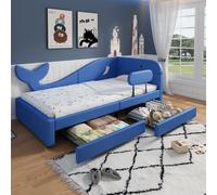Flieks Lit d'enfant lit rembourré 90x200cm avec 2 tiroirs, canapé-lit lit de jour lit d'enfant en forme de baleine, lit simple en bois avec protection contre les chutes, PU, bleu