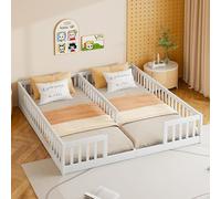 Flieks lit d'enfant lit simple pour 2 enfants, lit au sol 90x200cm * 2, lit en bois lit de jeu sans sommier, lit d'enfant avec protection contre les chutes, blanc