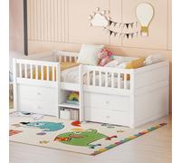 Flieks Lit d'enfant superposé 90x200cm avec 4 tiroirs, lit surélevé bas avec escalier, lit superposé avec protection contre les chutes, lit en bois lit simple blanc
