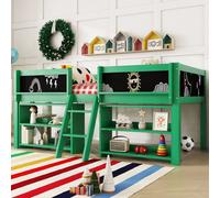 Flieks Lit d'enfant surélevé 90x200cm avec tableau, Lit superposé simple avec étagère, Lit superposé en bois avec échelle, Vert