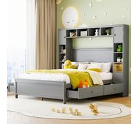 Flieks Lit double 140x200cm avec bibliothèque et 4 tiroirs, Lit de rangement Lit d'adolescent avec sommier à lattes, Lit classique en bois Lit fonctionnel, Gris