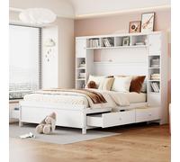 Flieks Lit double 140x200cm avec bibliothèque et 4 tiroirs, Lit de rangement Lit d'adolescent avec sommier à lattes, Lit classique en bois Lit fonctionnel, Blanc