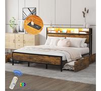 Flieks Lit double Lit d'adolescent 180x200cm avec USB et LED, Lit métallique avec 4 tiroirs, Lit de rangement avec sommier à lattes, Lit classique, Marron